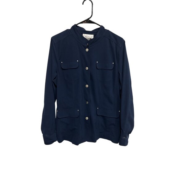 Susan Graver Style Button Front Jacket Navy Blue Sz Large Long Sleeve Career - Picture 1 of 9